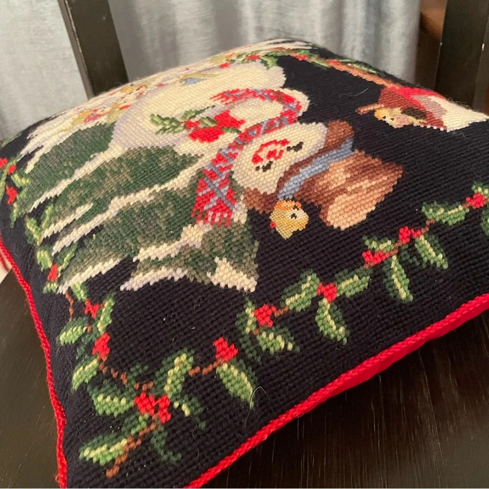 100% Wool Handmade Needle Point  snowman Pillow Christmas 13x13”